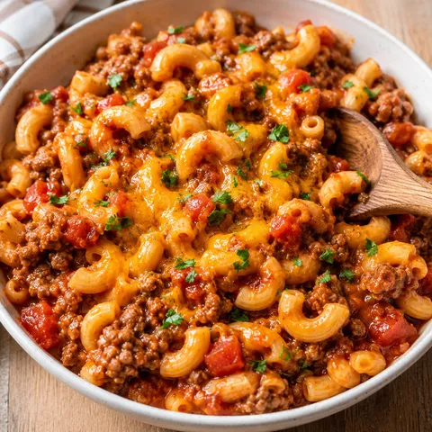 Easy goulash with macaroni, ground beef, cheddar, and parsley