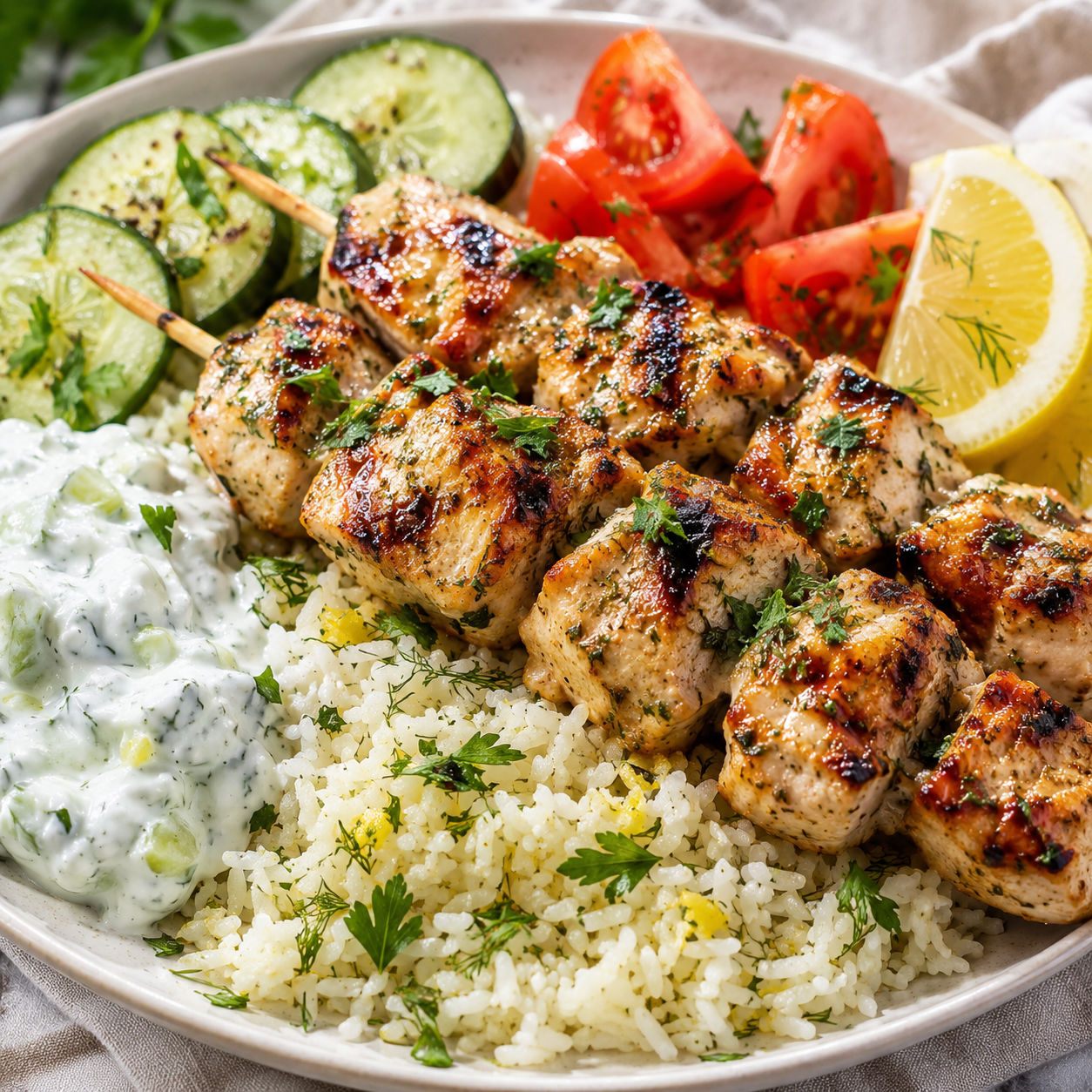 Greek chicken souvlaki skewers over lemon rice with tzatziki and lemon