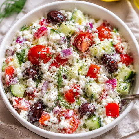 Greek-inspired cottage cheese salad with cucumber, tomatoes, olives, and dill
