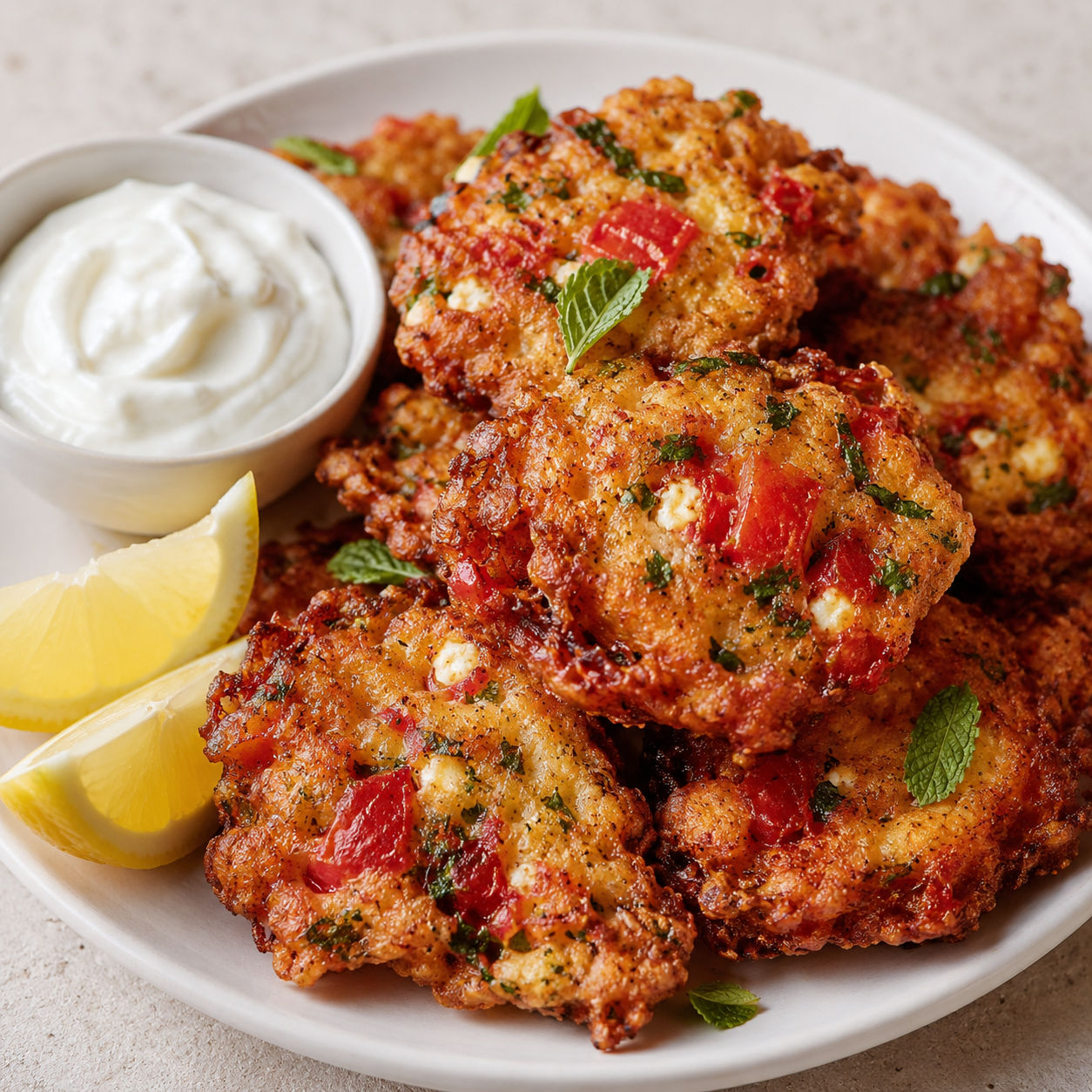 Greek tomato fritters with feta, herbs, yogurt, and lemon wedges