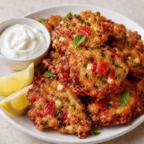 Greek tomato fritters with feta, herbs, yogurt, and lemon wedges