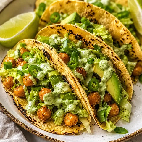 Green goddess chickpea tacos with avocado and herb sauce