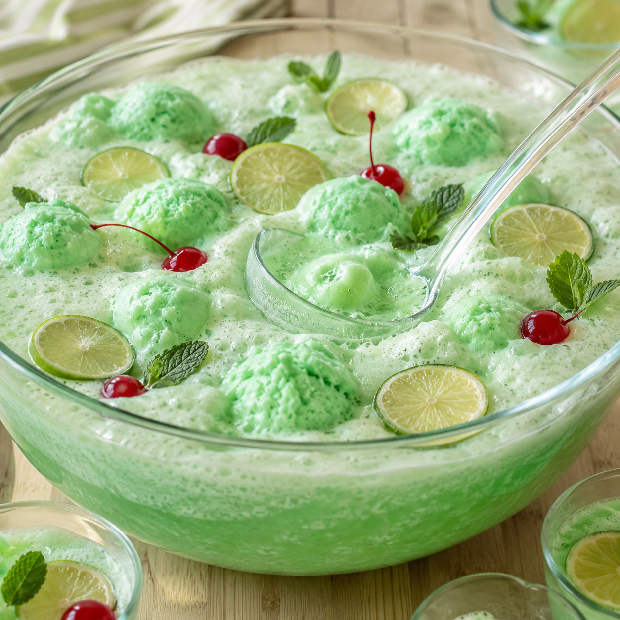 Green lime sherbet punch with lime slices, mint, and cherries in a glass bowl