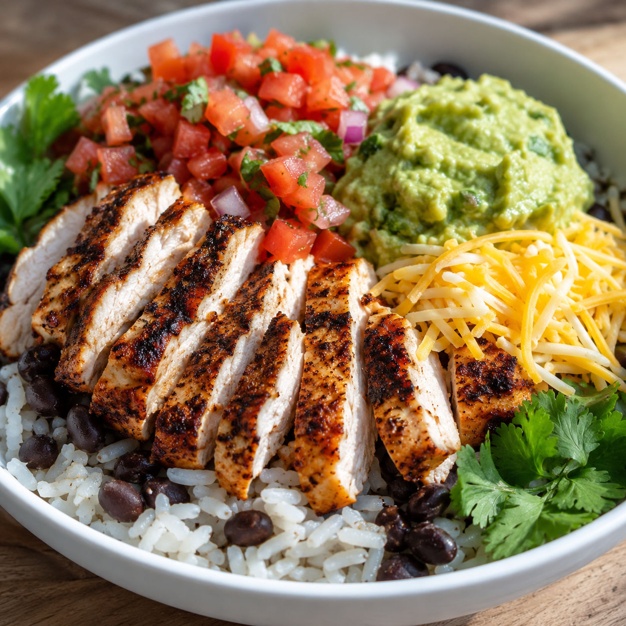 Grilled chicken burrito bowl with rice, beans, pico de gallo, and guacamole