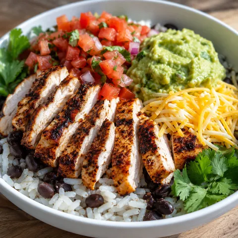 Grilled chicken burrito bowl with rice, beans, pico de gallo, and guacamole
