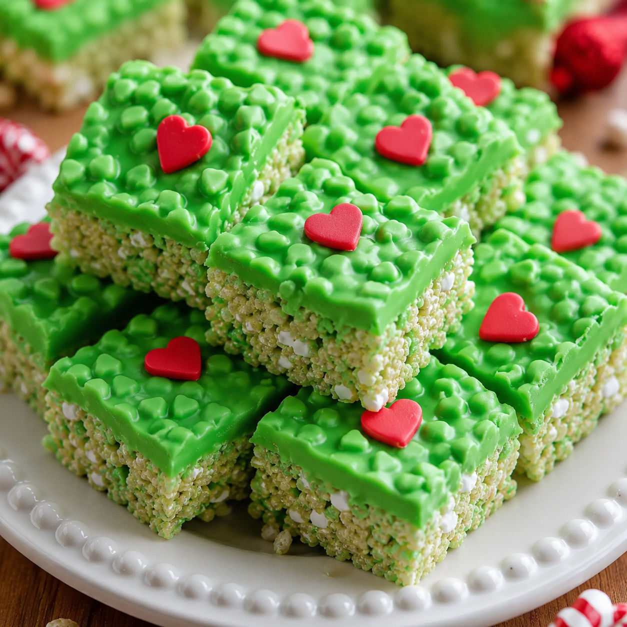 Green Grinch Rice Krispie treats with red heart sprinkles on a plate