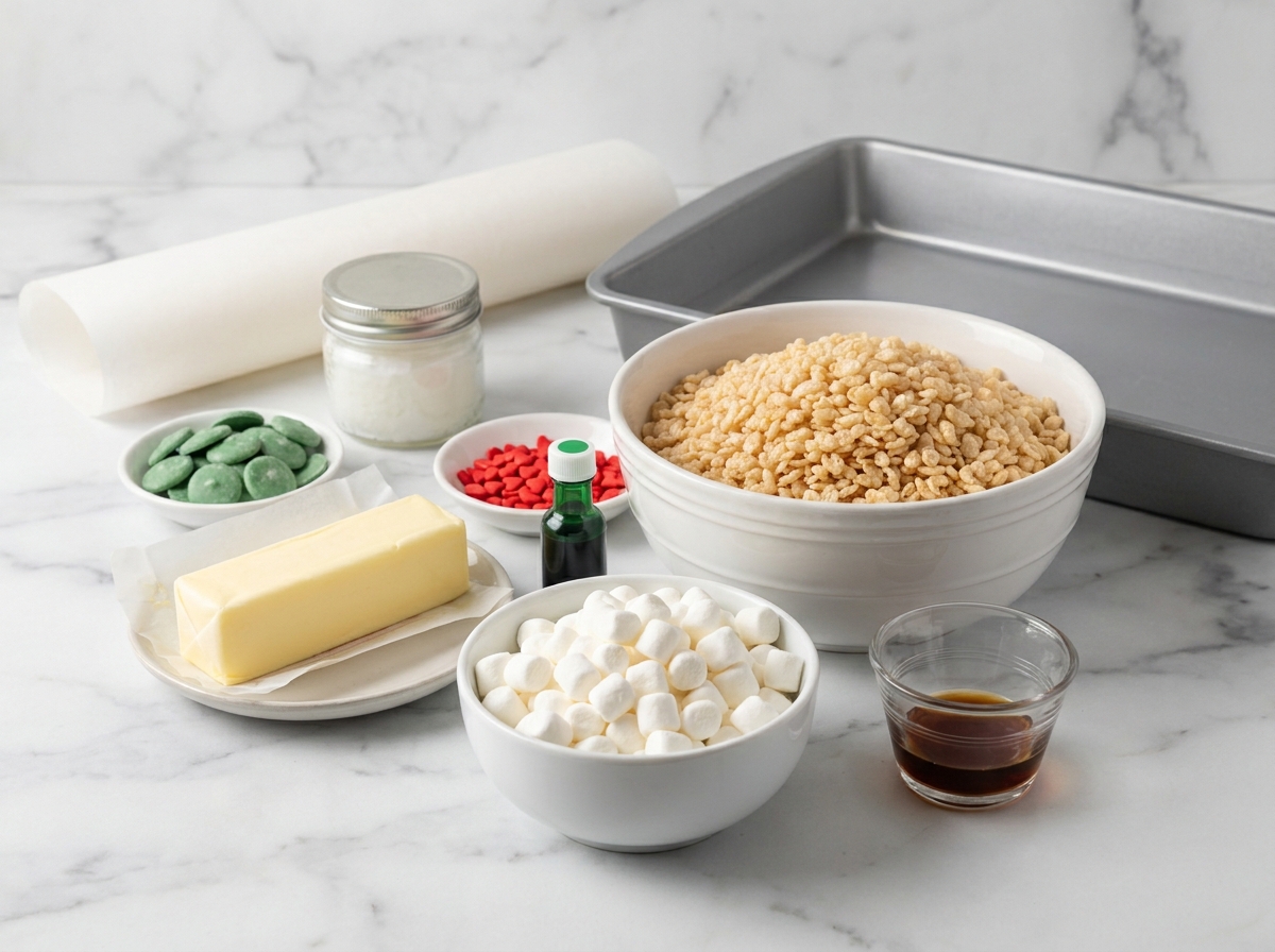 Ingredients for green Grinch Rice Krispie treats on a wooden surface