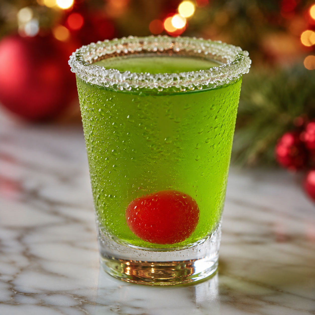 Bright green Grinch shot in a clear glass with a red cherry and sugar rim