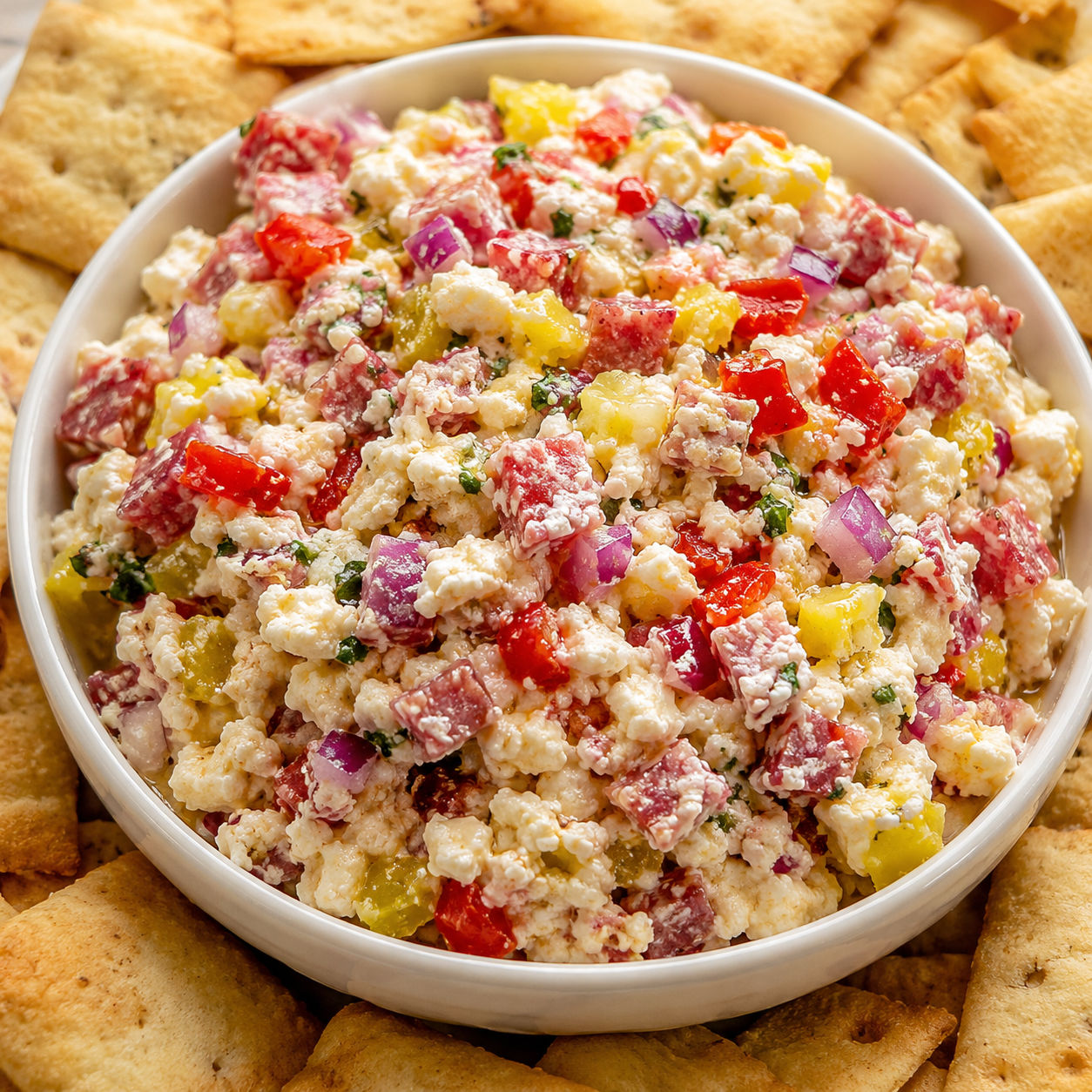 Grinder feta dip with salami, peppers, red onion, parsley, and crackers