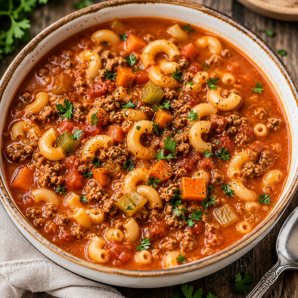 Ground beef and macaroni soup with tomato broth and parsley