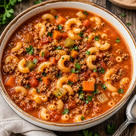 Ground beef and macaroni soup with tomato broth and parsley