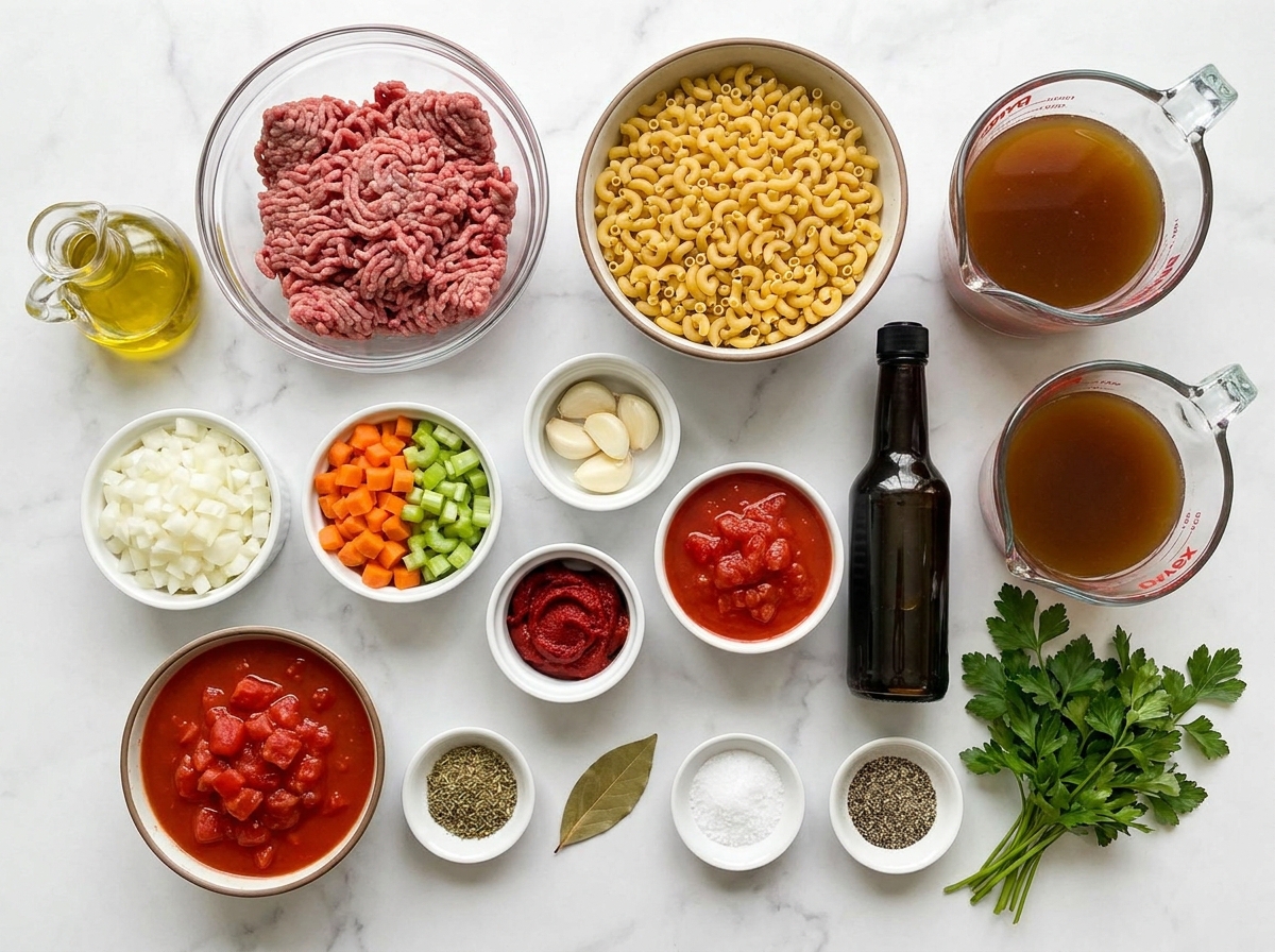 Ingredients for ground beef and macaroni soup on a wooden surface