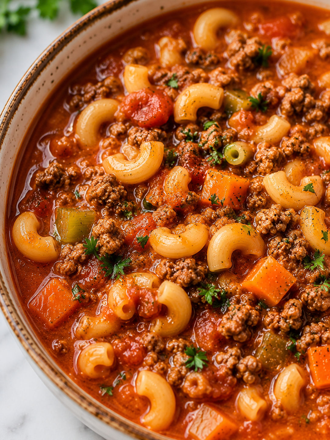Easy Ground Beef and Macaroni Soup, plated and served