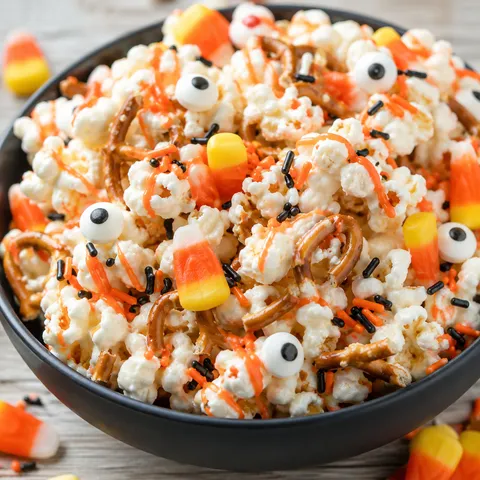Halloween popcorn with candy corn, candy eyes, pretzels, and orange drizzle