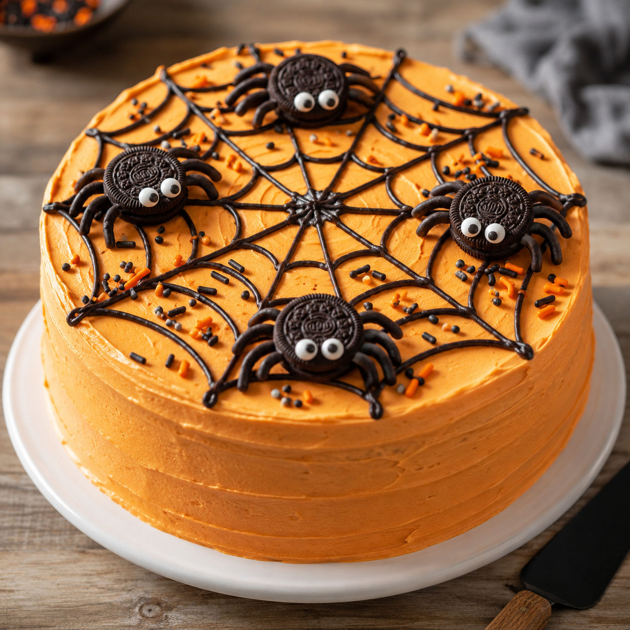 Halloween spider cake with black web piping and Oreo spiders