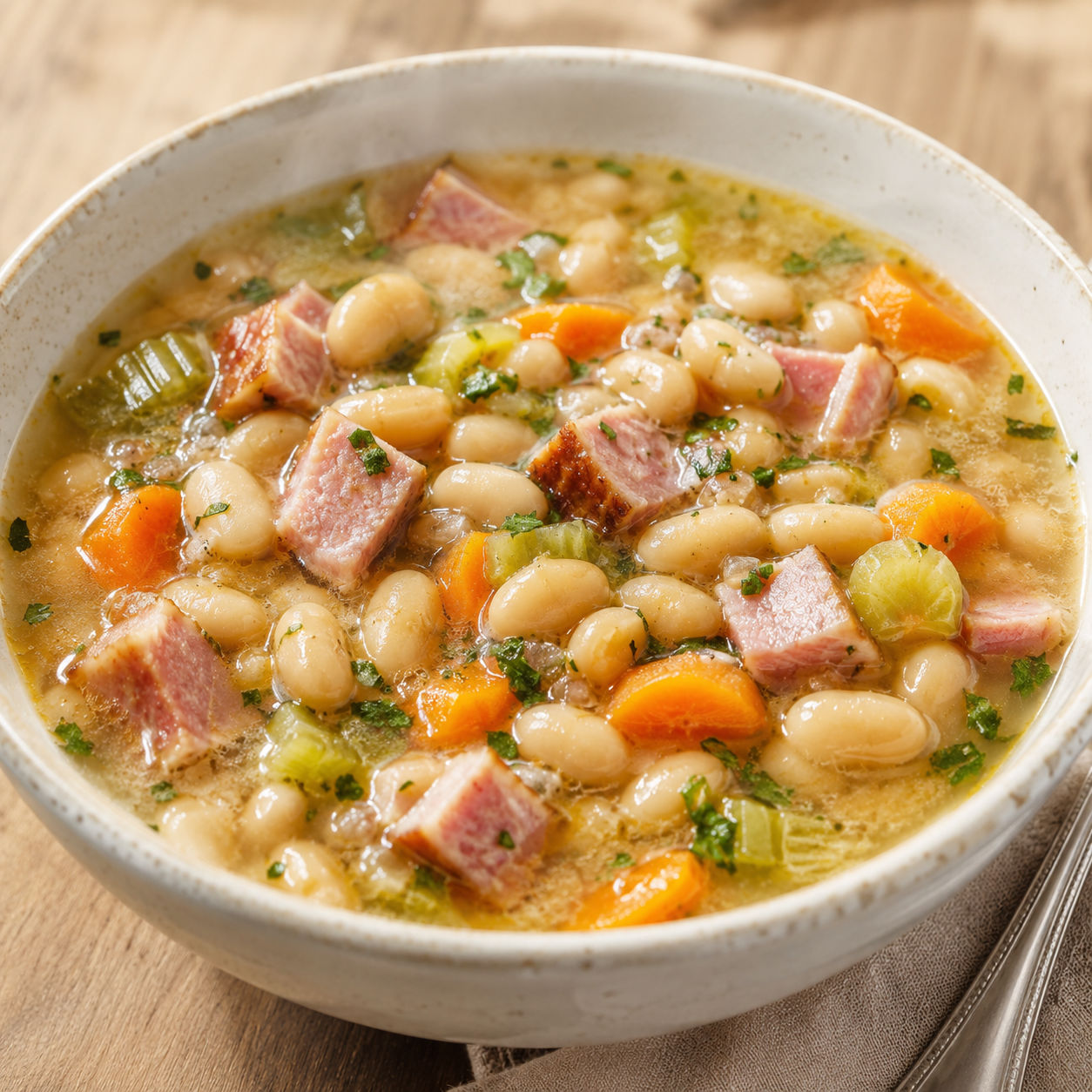 Ham and white bean soup with carrots and parsley in a rustic bowl