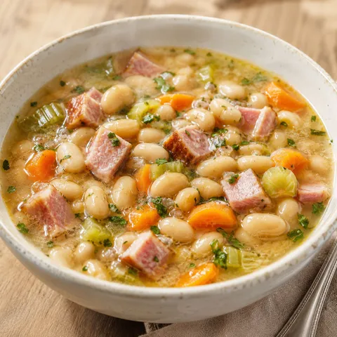 Ham and white bean soup with carrots and parsley in a rustic bowl