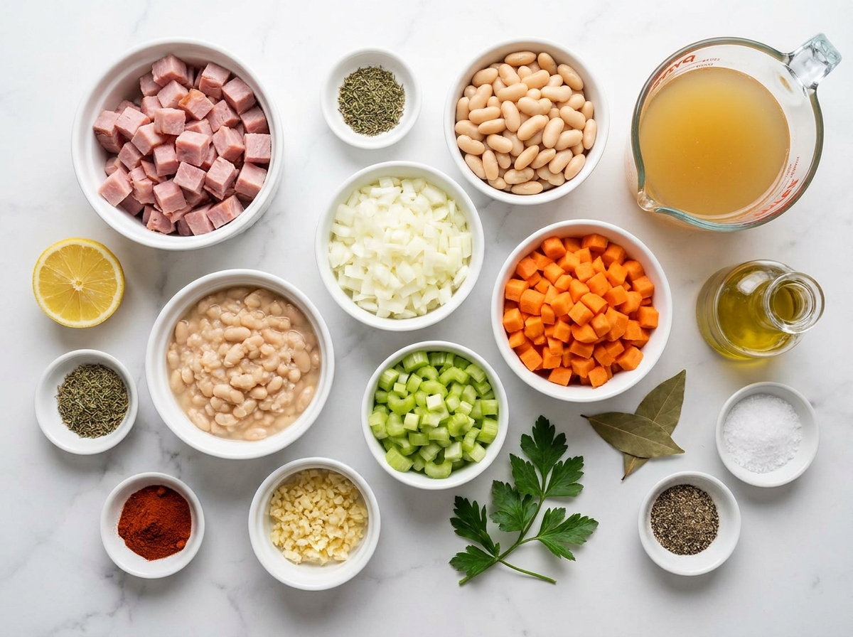 Ingredients for ham and white bean soup arranged on a wooden table