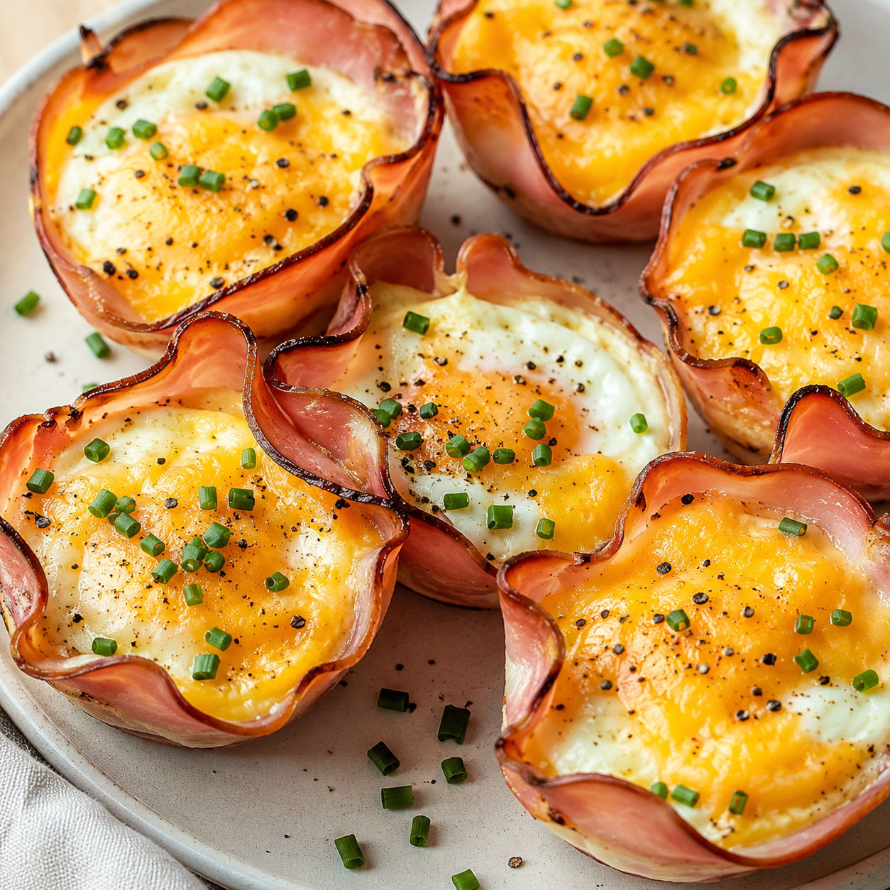 Ham and cheese egg cups with chives on a pale plate