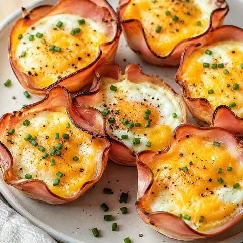 Ham and cheese egg cups with chives on a pale plate