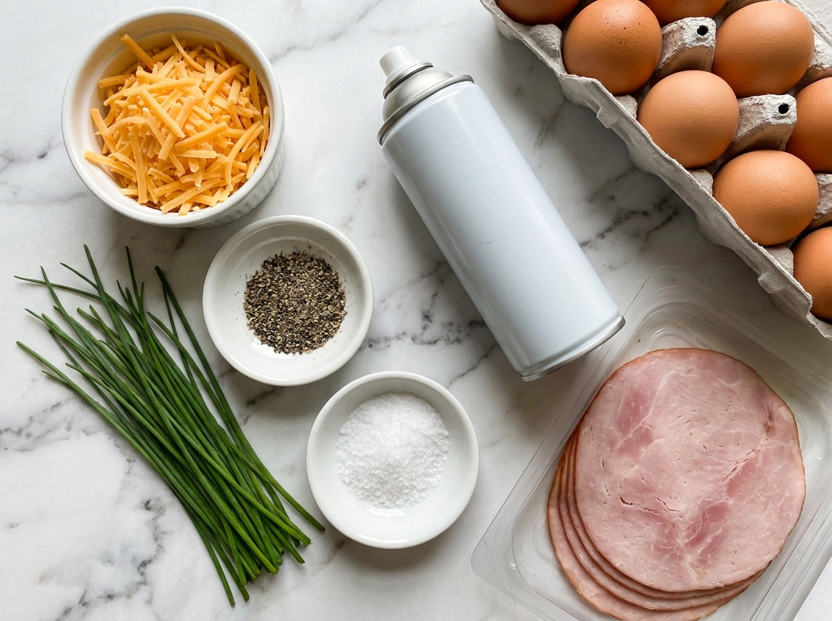 Ingredients for ham and cheese egg cups on a kitchen counter