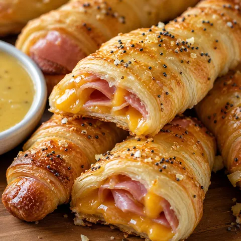 Golden ham and cheese sticks with melted cheddar and honey mustard