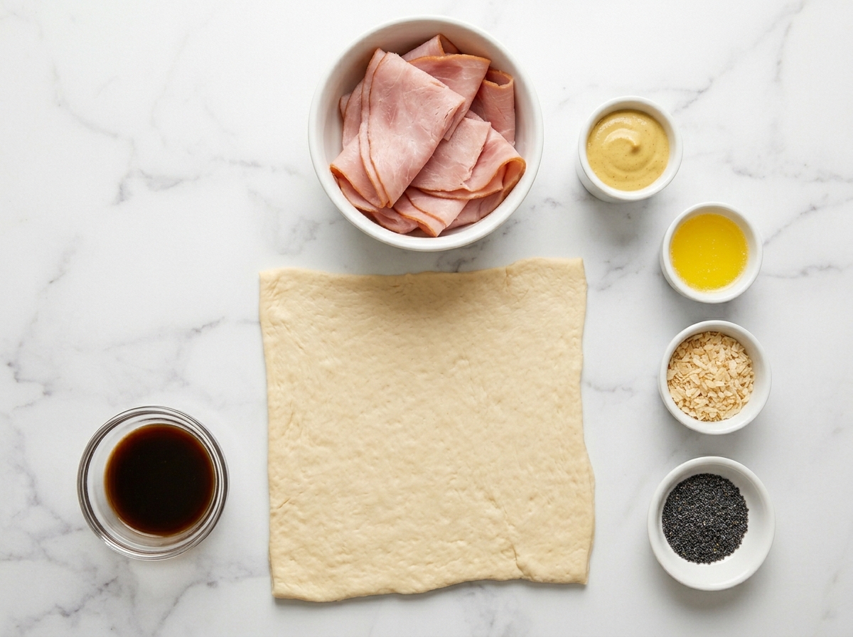 Ingredients for ham and cheese sticks with dough, ham, cheddar, and glaze