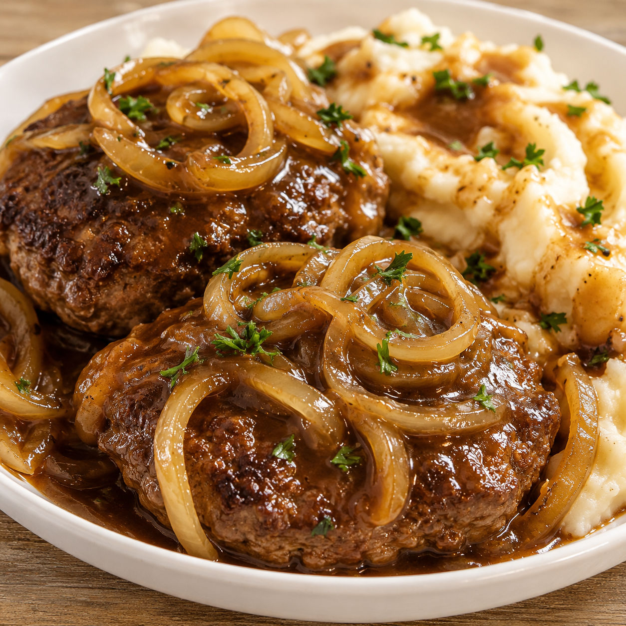 Hamburger steaks with onion gravy and mashed potatoes in a white bowl