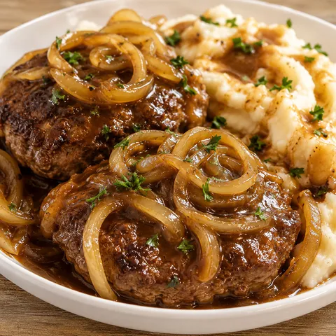 Hamburger steaks with onion gravy and mashed potatoes in a white bowl