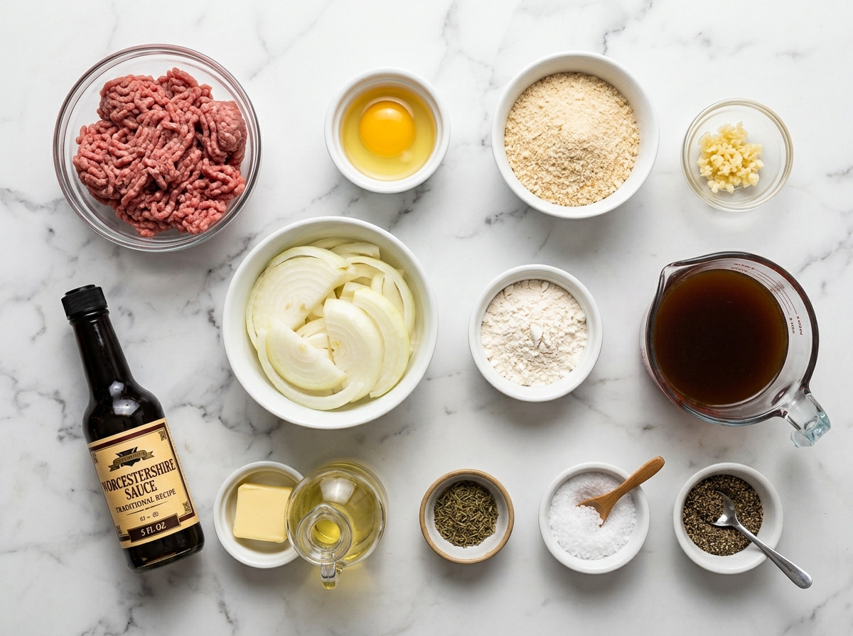 Ground beef, onions, broth, breadcrumbs, egg, and gravy ingredients on a table
