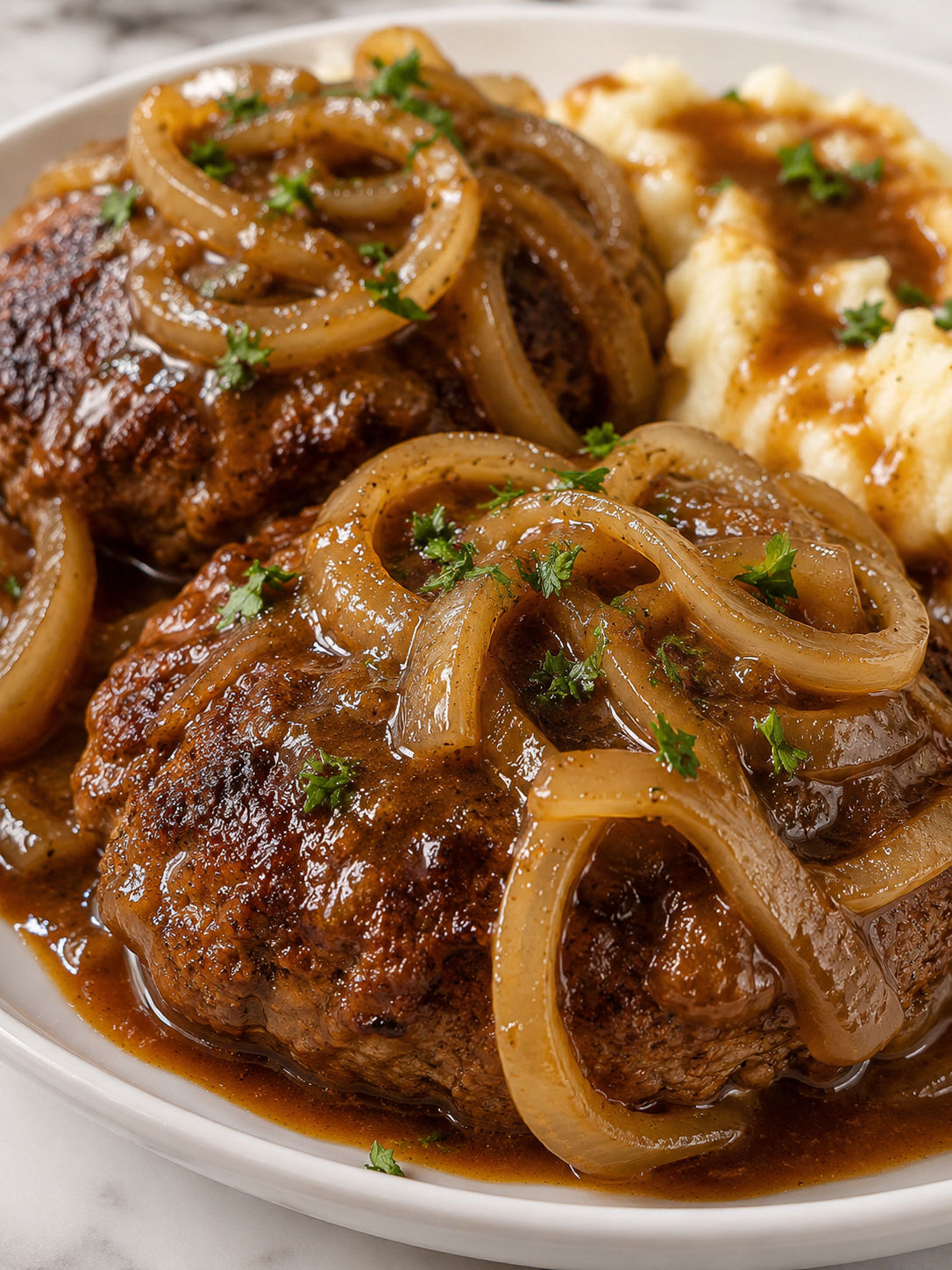 Easy Hamburger Steaks with Onion Gravy, plated and served