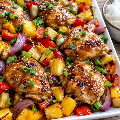 Hawaiian chicken with pineapple, peppers, sesame seeds, and green onions