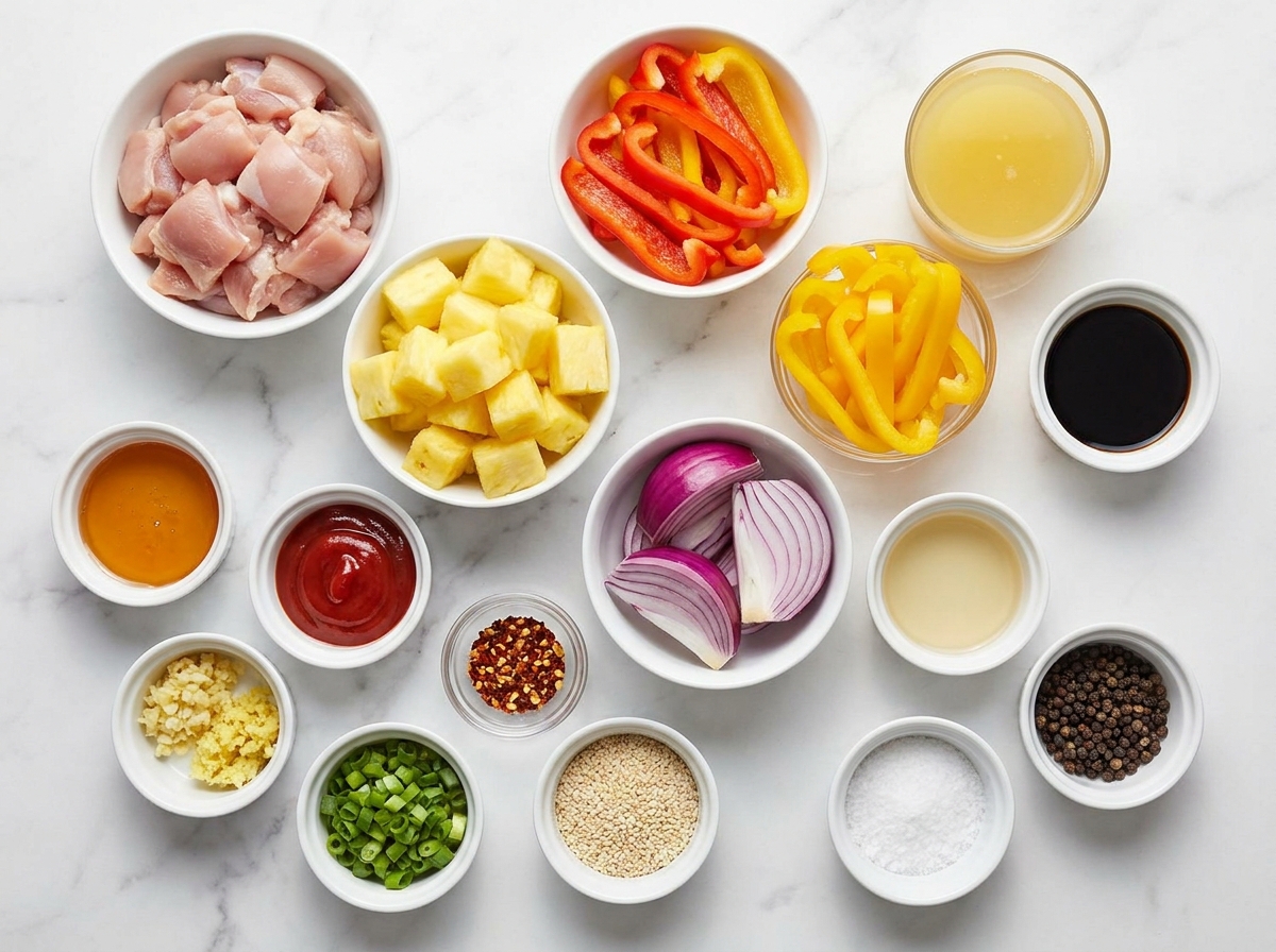 Ingredients for Hawaiian chicken with pineapple, peppers, soy glaze, and ginger