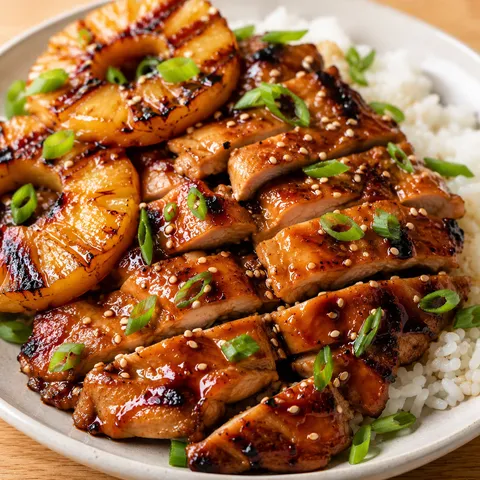 Hawaiian grilled teriyaki chicken with pineapple, rice, green onions, and sesame