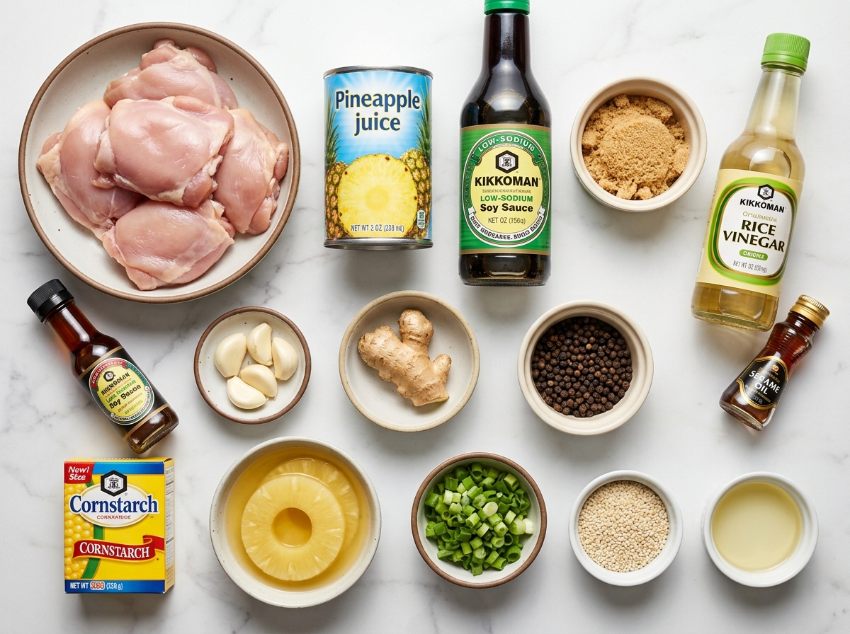 Ingredients for Hawaiian teriyaki chicken with pineapple, soy sauce, garlic, and ginger