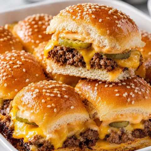 Hawaiian roll cheeseburger sliders with melted cheese and pickles
