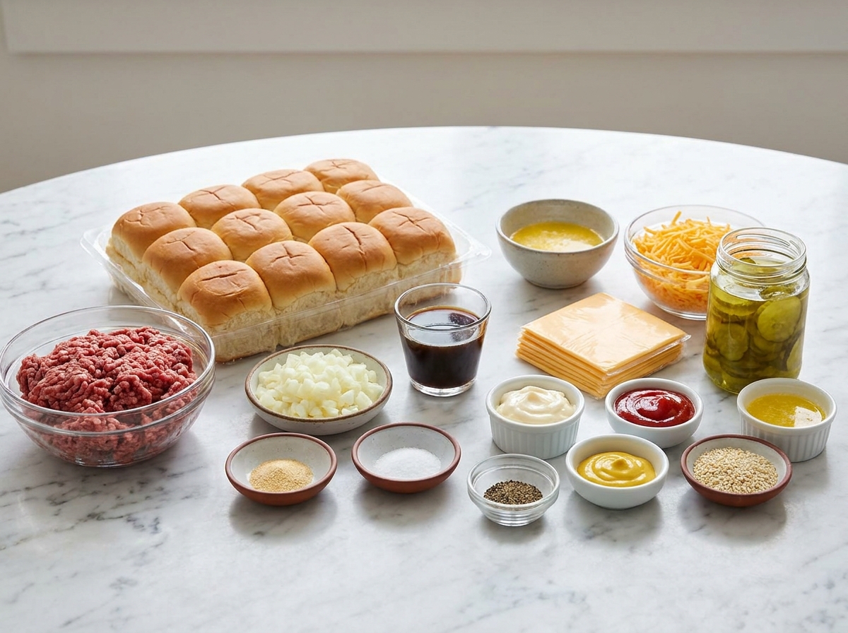 Ingredients for Hawaiian roll cheeseburger sliders on a wooden counter