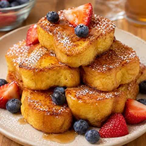 Stack of golden Hawaiian roll French toast with berries and powdered sugar
