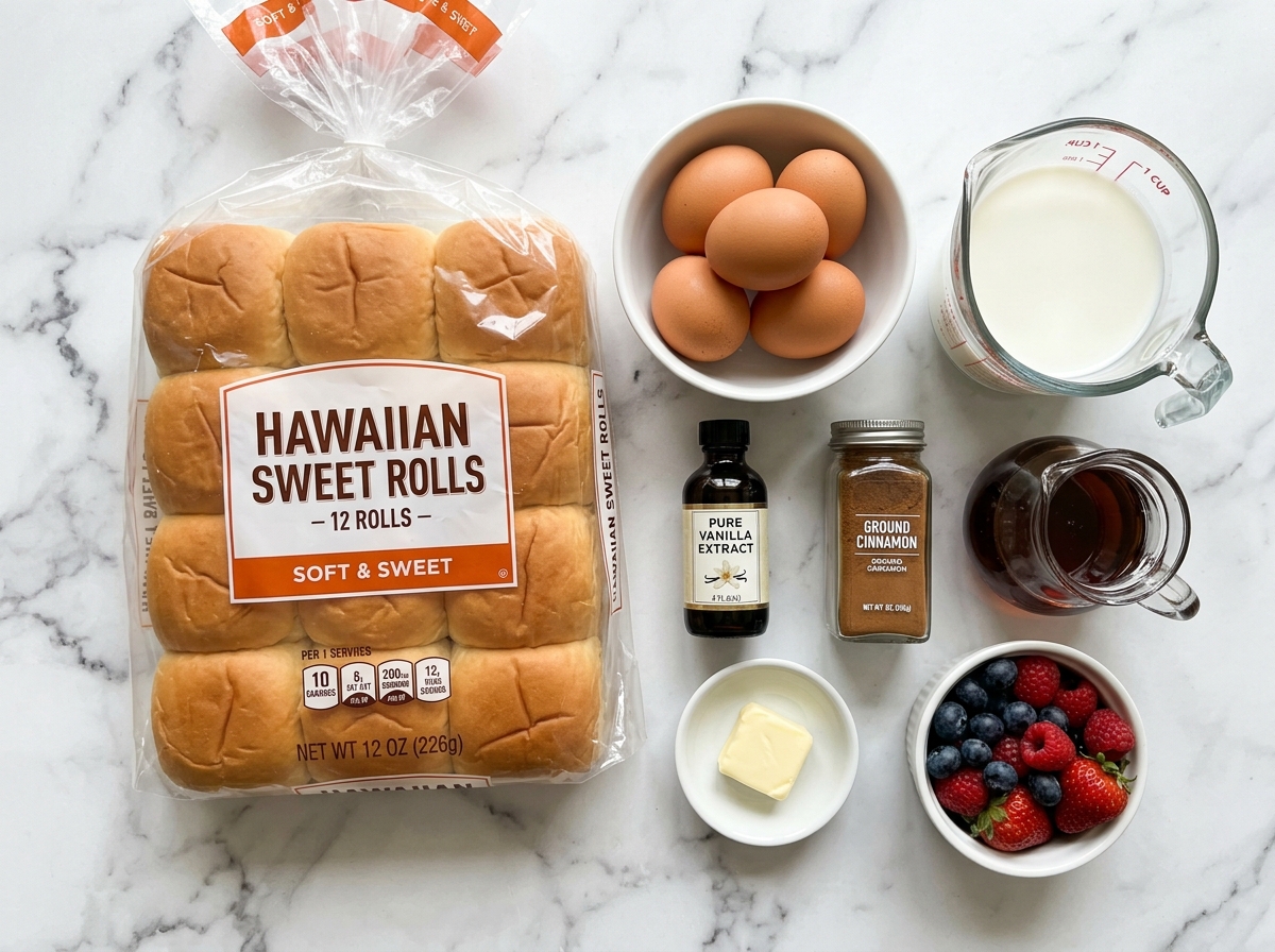 Raw ingredients for Hawaiian roll French toast on a wooden counter
