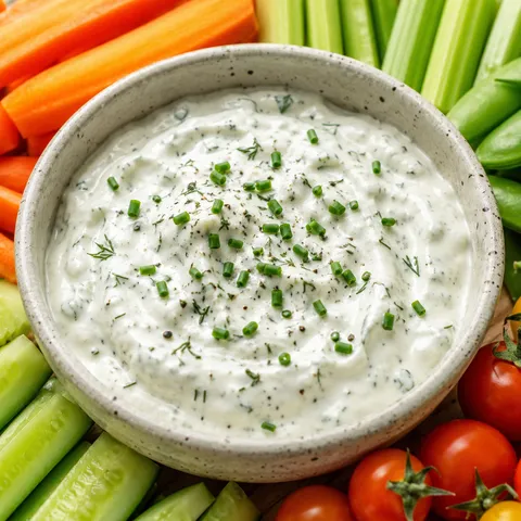 Greek yogurt ranch dressing with herbs and fresh vegetables