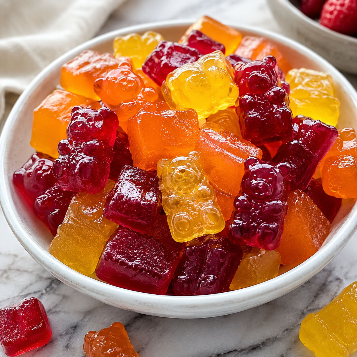 Homemade fruit gummies piled in a small white bowl on a marble surface