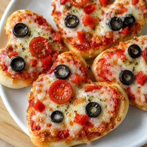 Heart-shaped mini pizzas with mozzarella, olives, peppers, and tomatoes