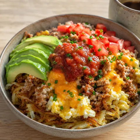 High protein breakfast bowl with eggs, turkey, potatoes, avocado, and salsa