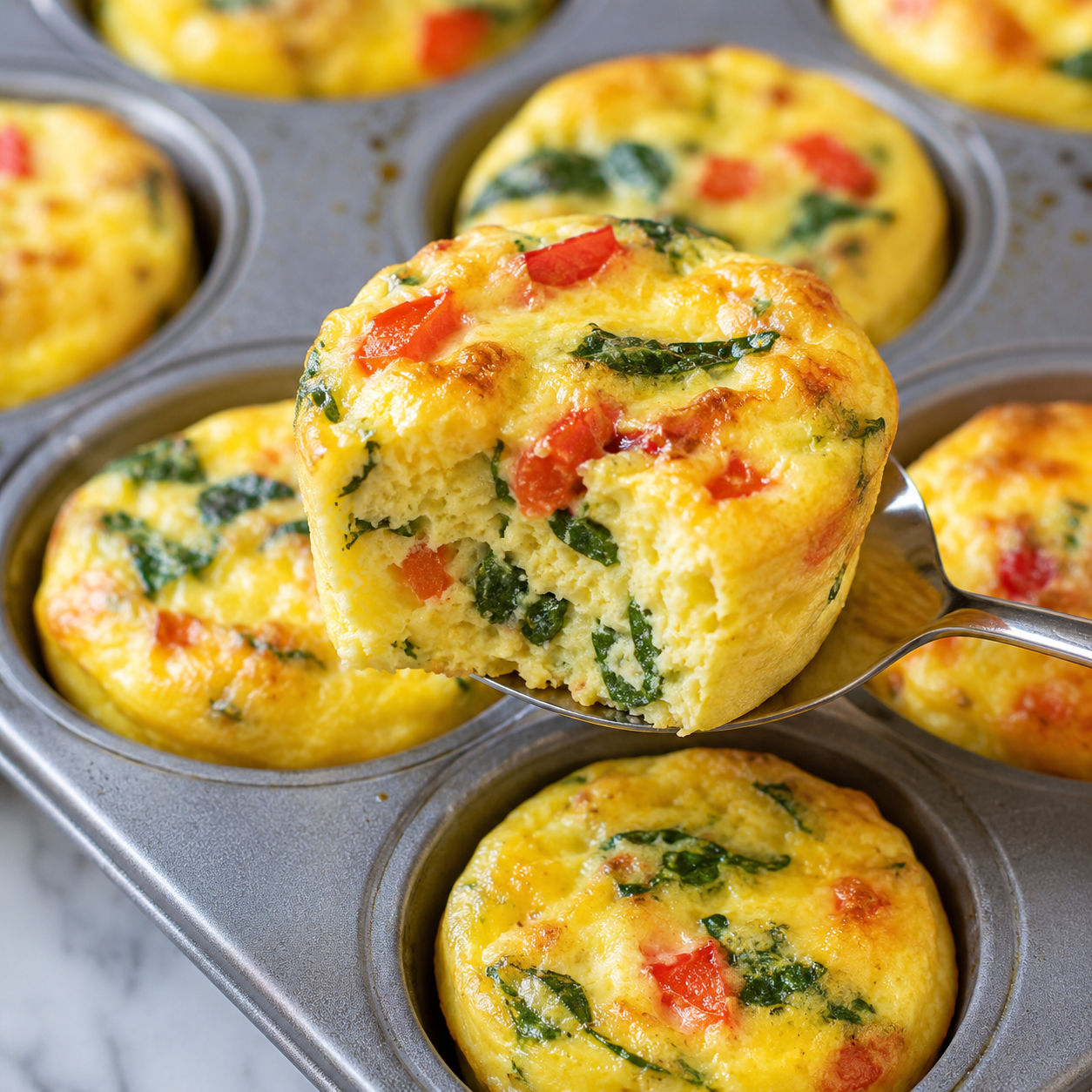 Fluffy high protein egg bites with spinach and bell pepper in a muffin tin