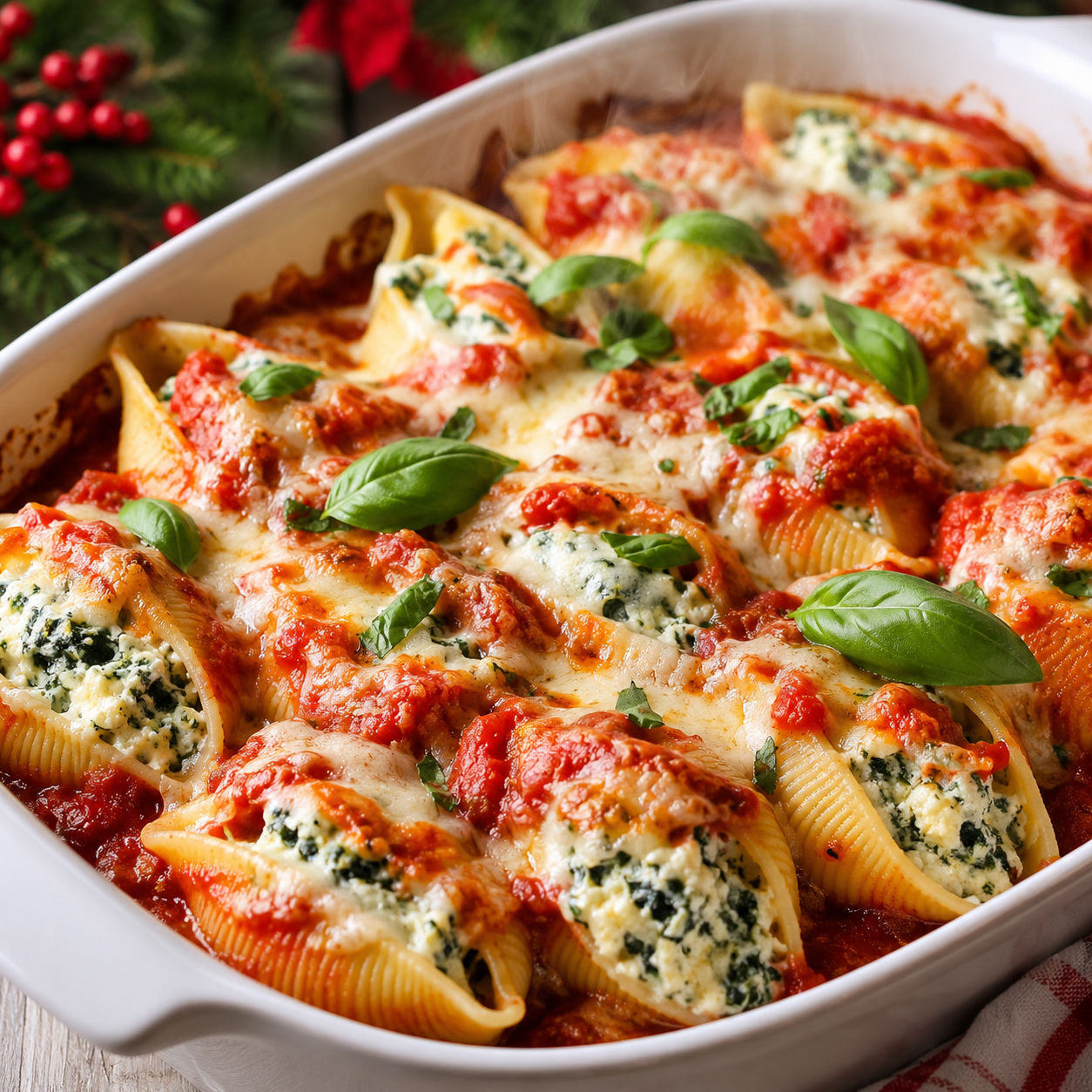 Baked ricotta and spinach stuffed pasta shells topped with marinara and mozzarella