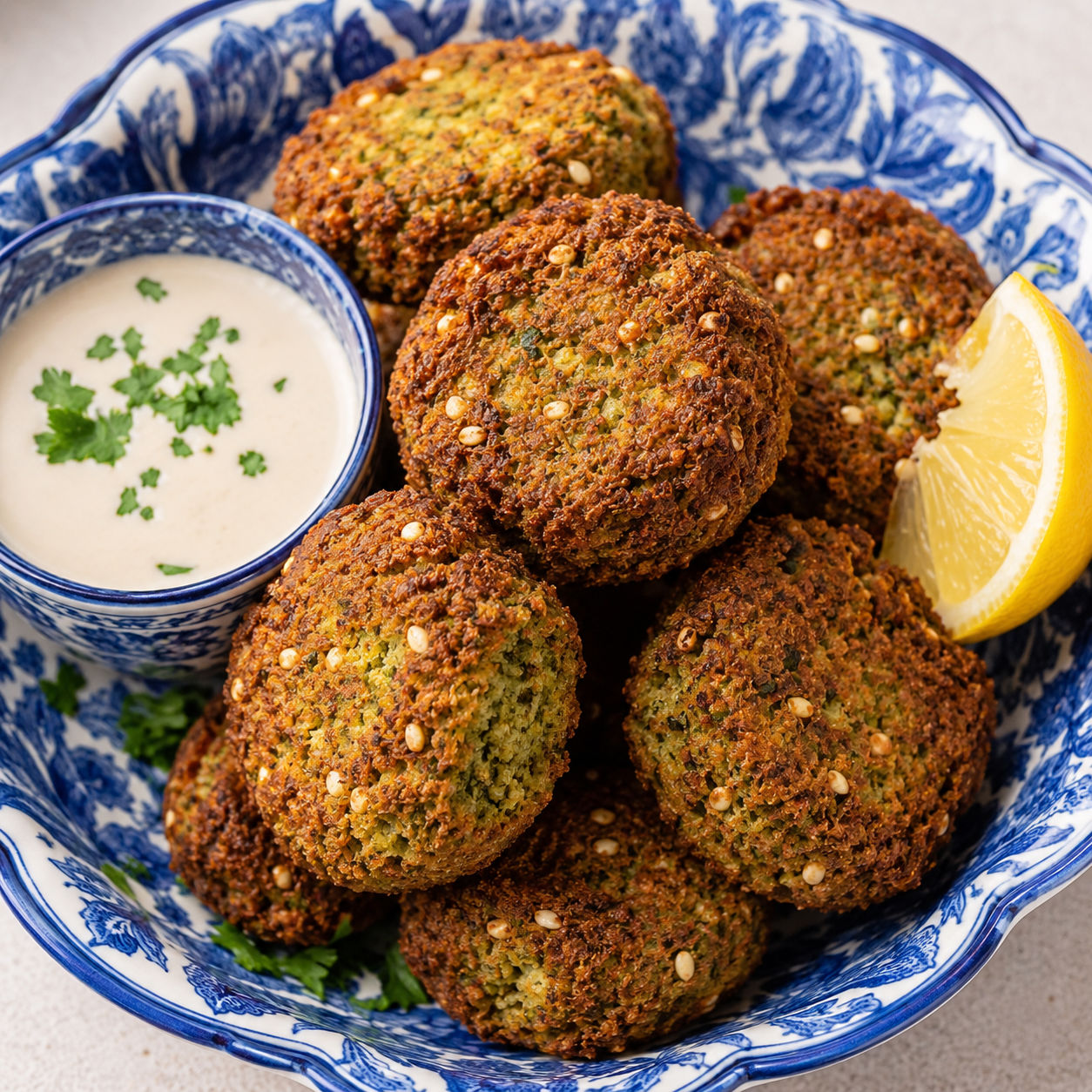 Golden air fryer falafel patties with tahini sauce and lemon
