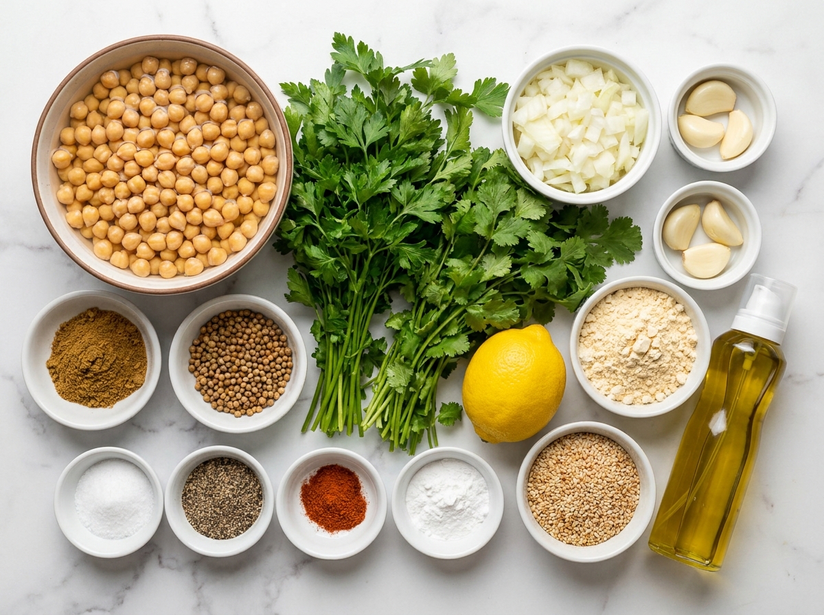 Soaked chickpeas, herbs, spices, sesame seeds, and lemon for falafel