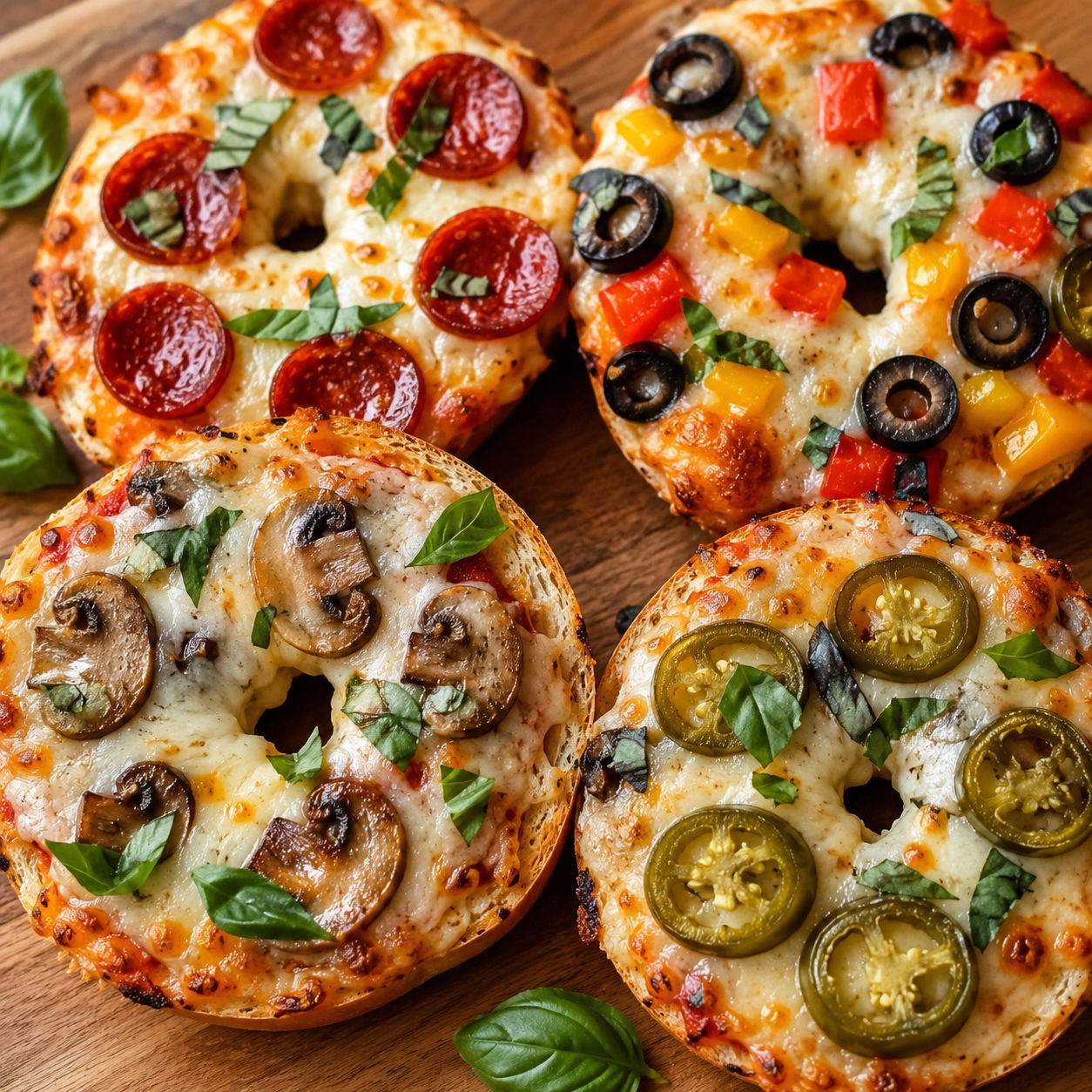 Air fryer pizza bagels with melted cheese, pepperoni, olives, and basil