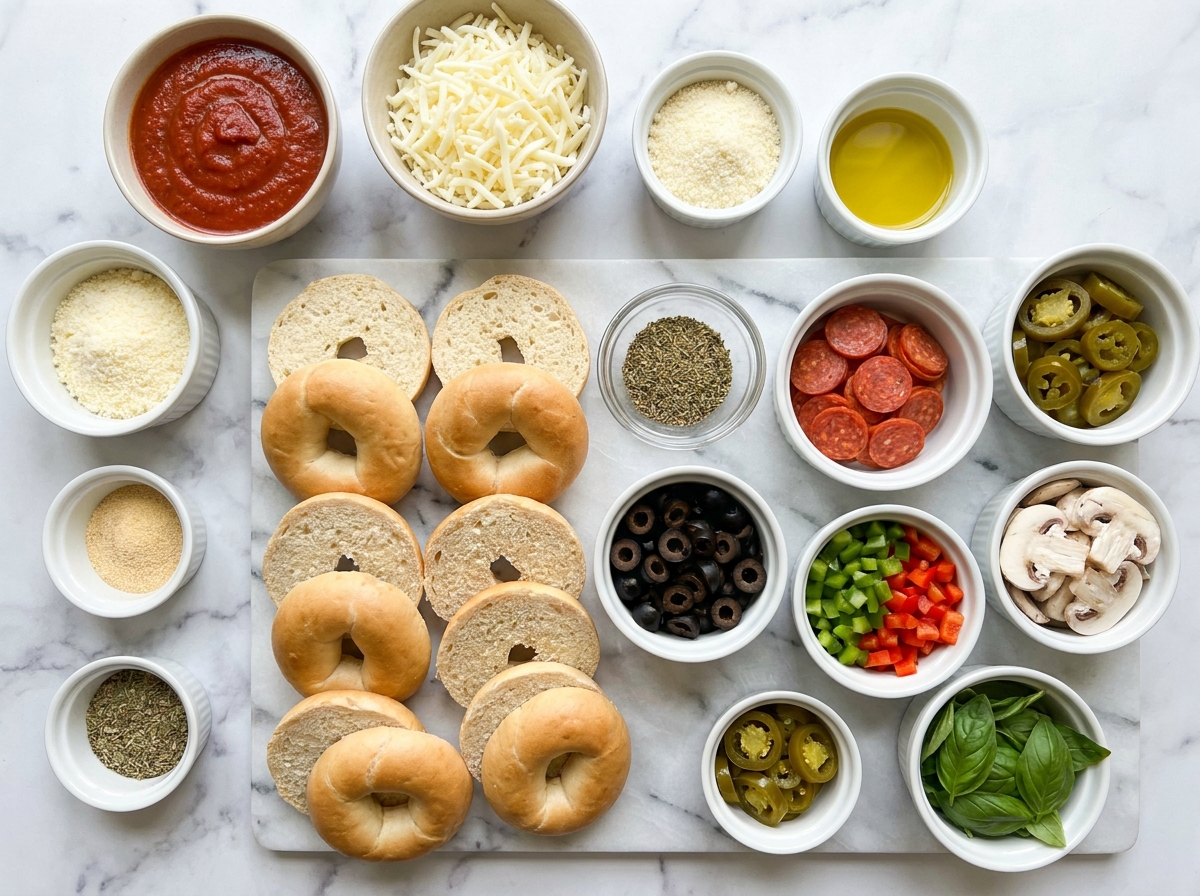 Ingredients for air fryer pizza bagels with sauce, cheese, and toppings