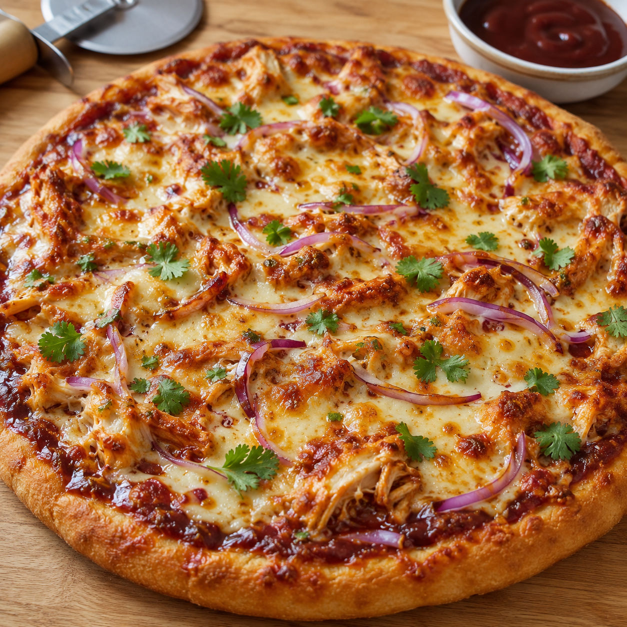 BBQ chicken pizza with melted mozzarella, smoked gouda, red onion, and cilantro